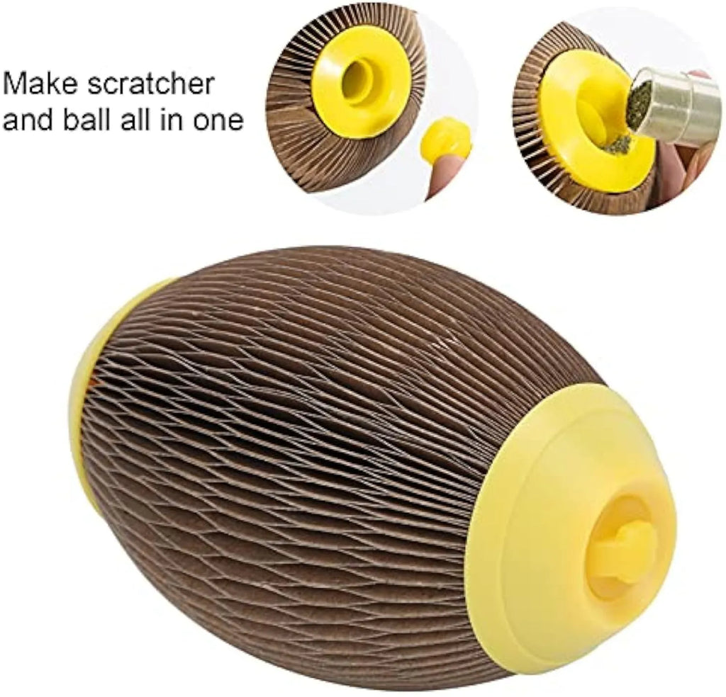 Elliptical corrugated paper catnip football toy with textured scratch surface