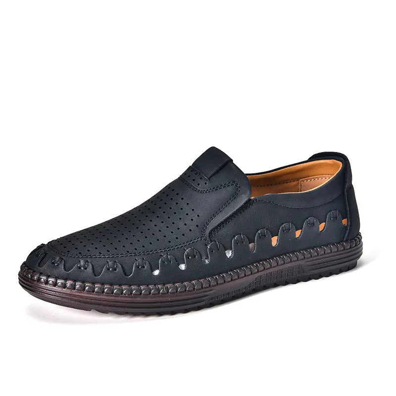 Men's brown casual slip-on shoes with round toe and flat PU leather upper.