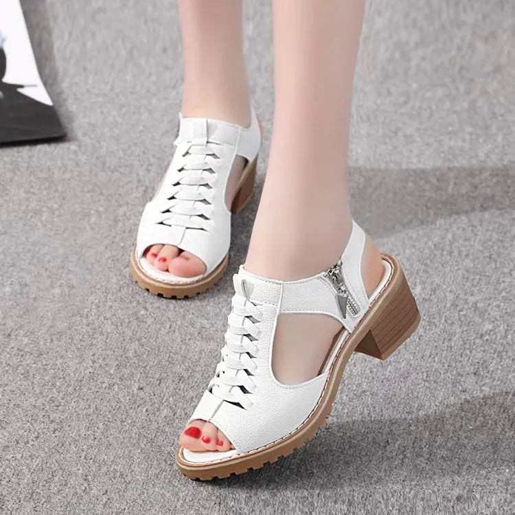 Women's retro sandals with side zipper, beef tendon sole, and 3-5cm heel in neutral colours