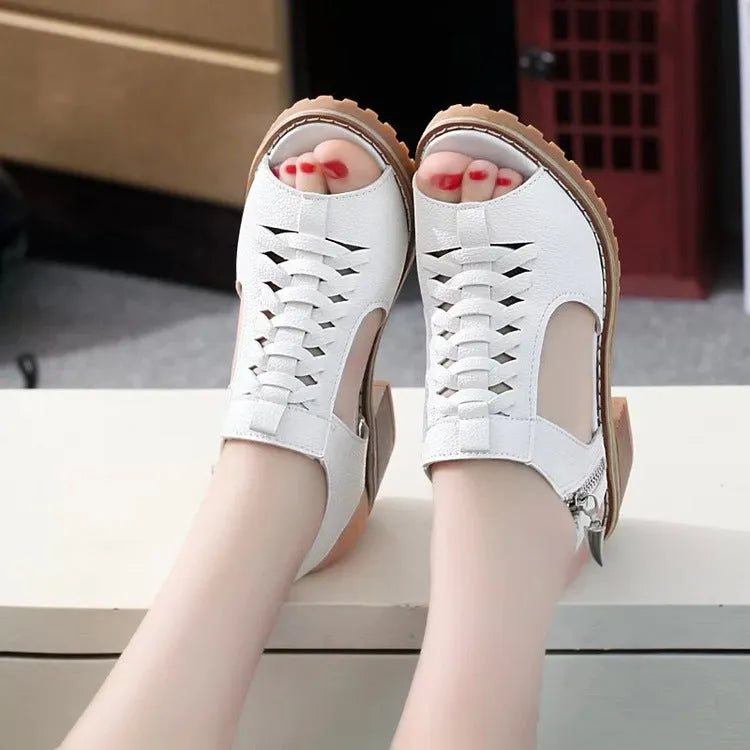 Women's retro sandals with side zipper, beef tendon sole, and 3-5cm heel in neutral colours