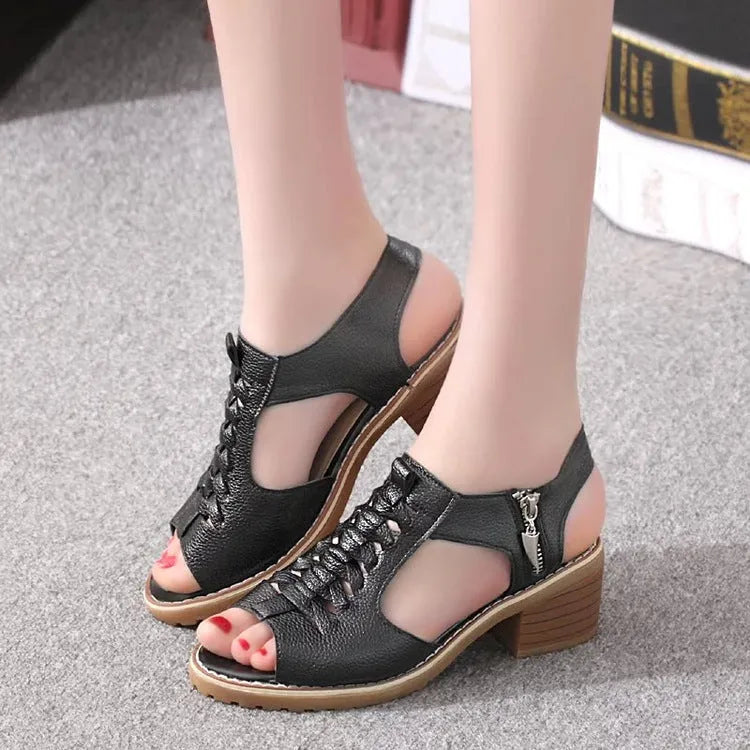 Women's retro sandals with side zipper, beef tendon sole, and 3-5cm heel in neutral colours