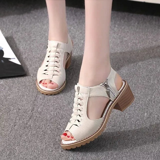 Women's retro sandals with side zipper, beef tendon sole, and 3-5cm heel in neutral colours