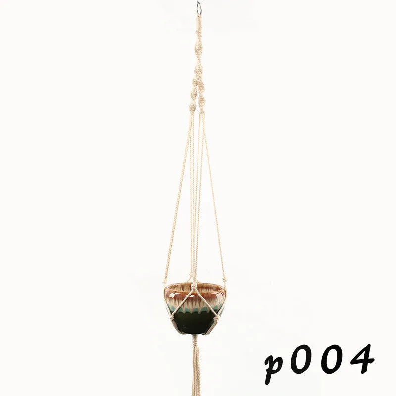 Woven wire cotton rope macramé plant hanger in a European village style, shown as a desktop, wall-mounted, and hanging basin.