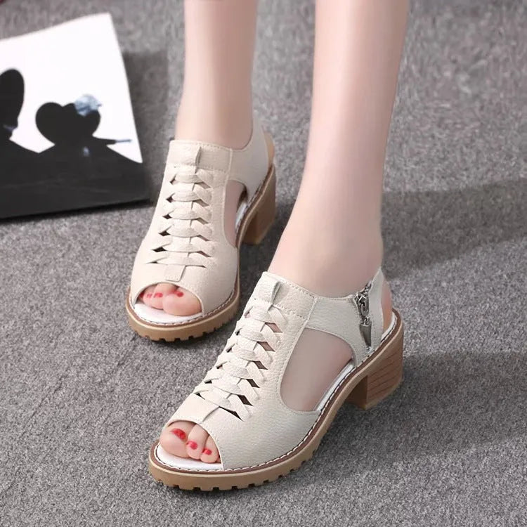 Women's retro sandals with side zipper, beef tendon sole, and 3-5cm heel in neutral colours