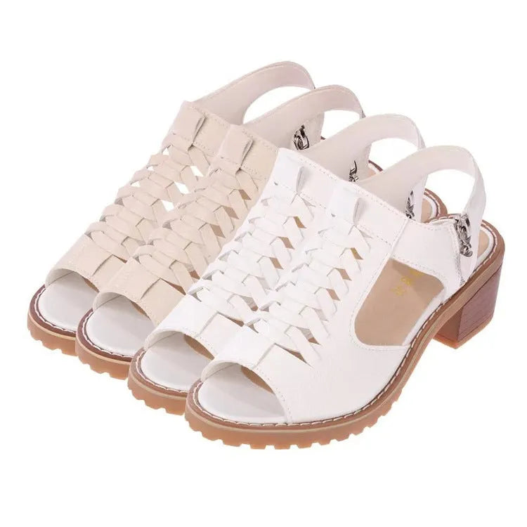 Women's retro sandals with side zipper, beef tendon sole, and 3-5cm heel in neutral colours