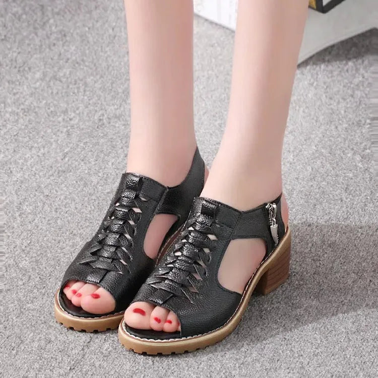 Women's retro sandals with side zipper, beef tendon sole, and 3-5cm heel in neutral colours