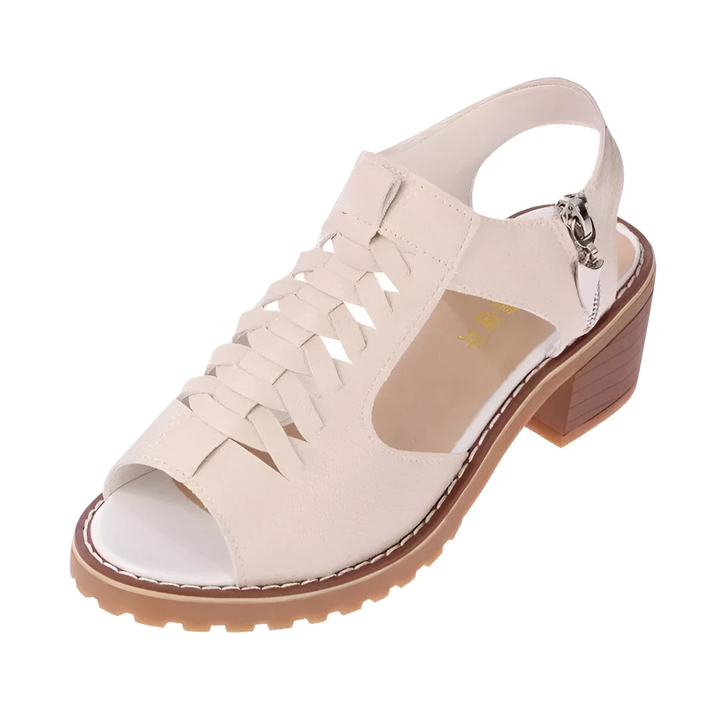 Women's retro sandals with side zipper, beef tendon sole, and 3-5cm heel in neutral colours