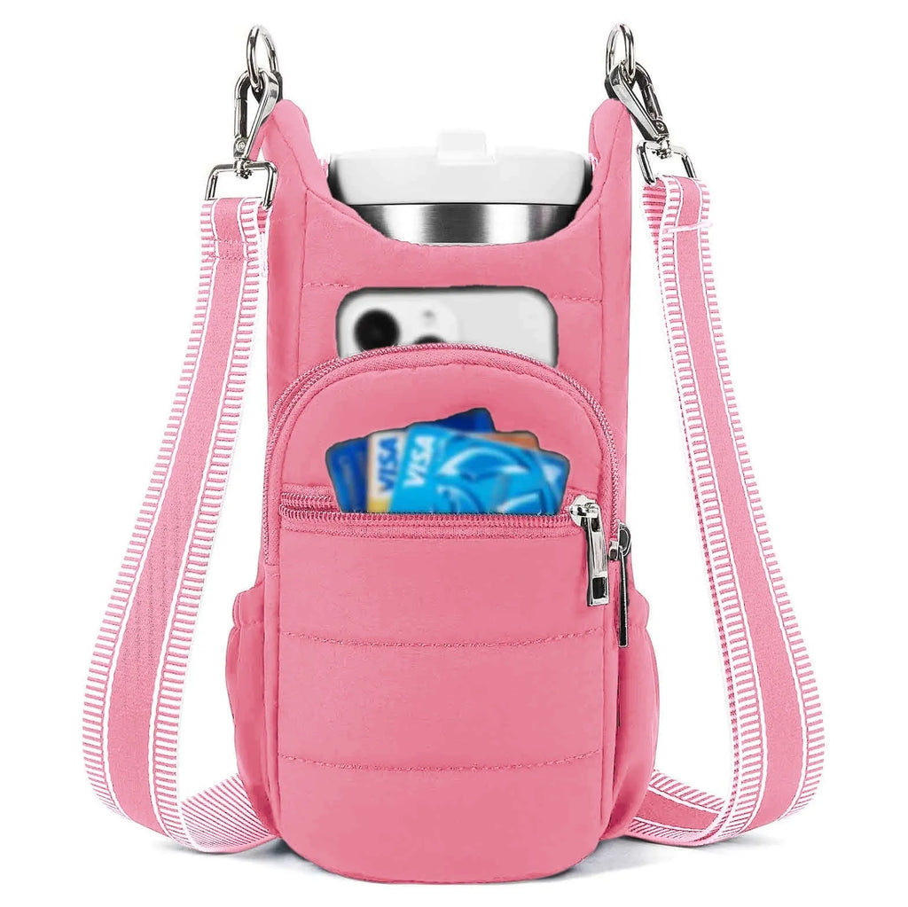 Cloth cycling water bottle bag in beige colour positioned on bicycle frame