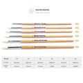 Six wooden-handled artist brushes with pointed wool tips arranged together.
