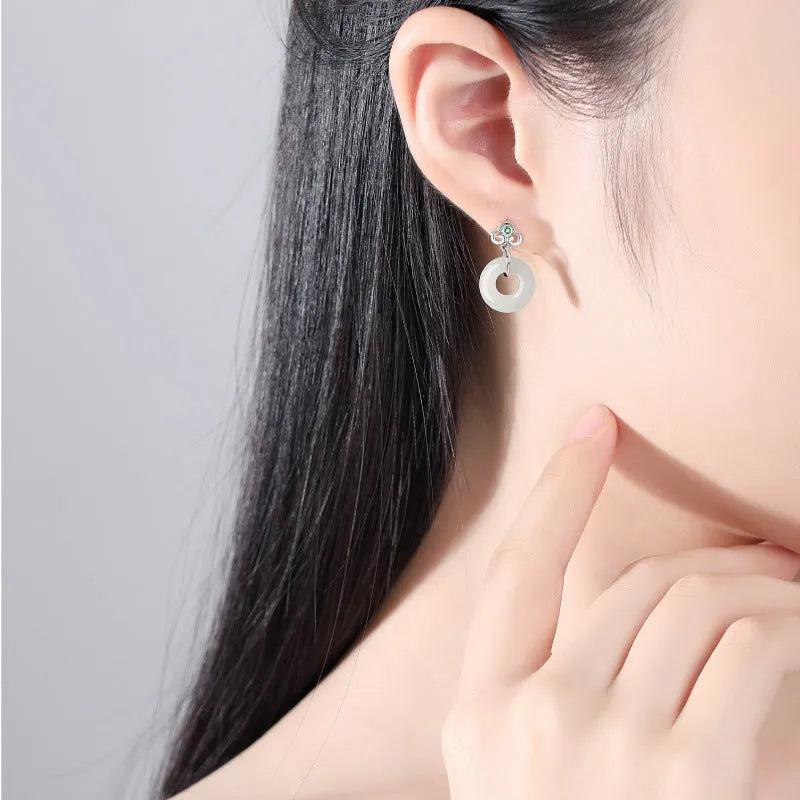 Pair of S925 sterling silver Ruyi safety buckle earrings with natural Hetian jade centrepiece, 20mm height