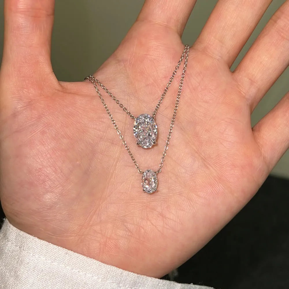 S925 sterling silver necklace with oval ice flower pendant in geometrical design