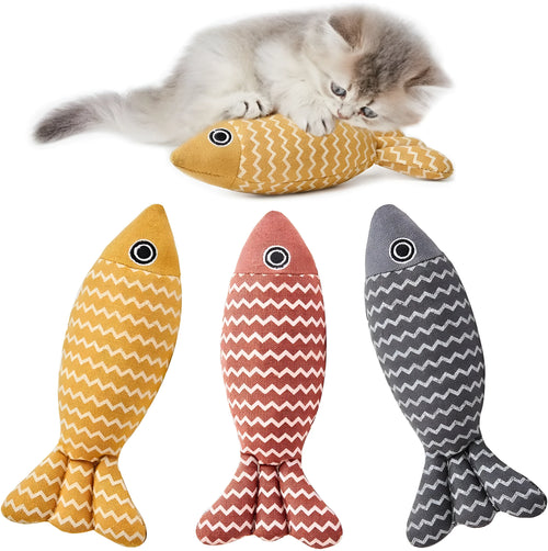 Three catnip fish toys in coffee, gray, and yellow for indoor cat self-play