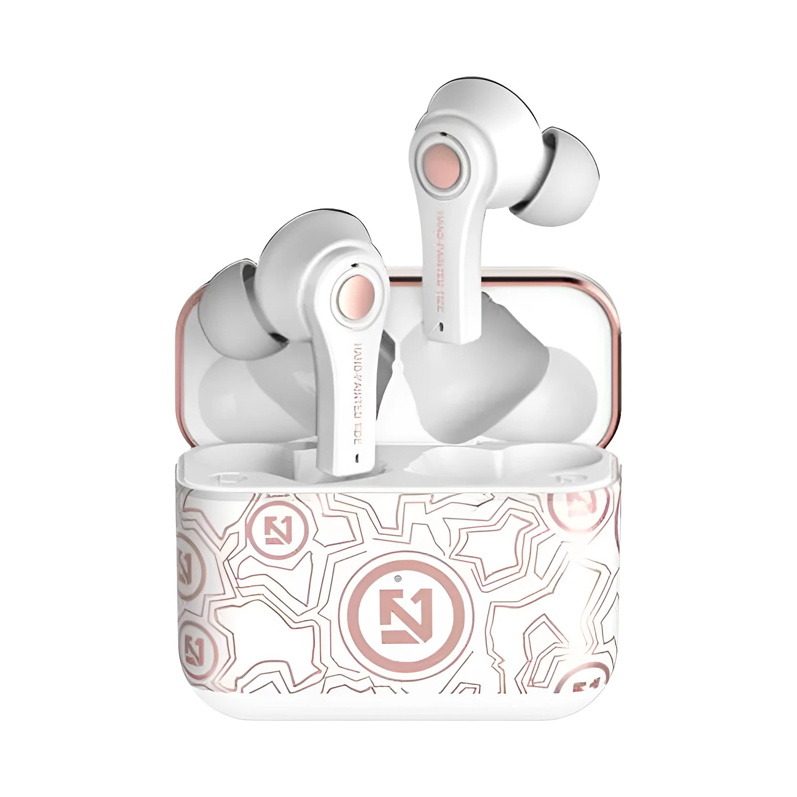 Black and white wireless Bluetooth headset with head-mounted design showing ear cups.