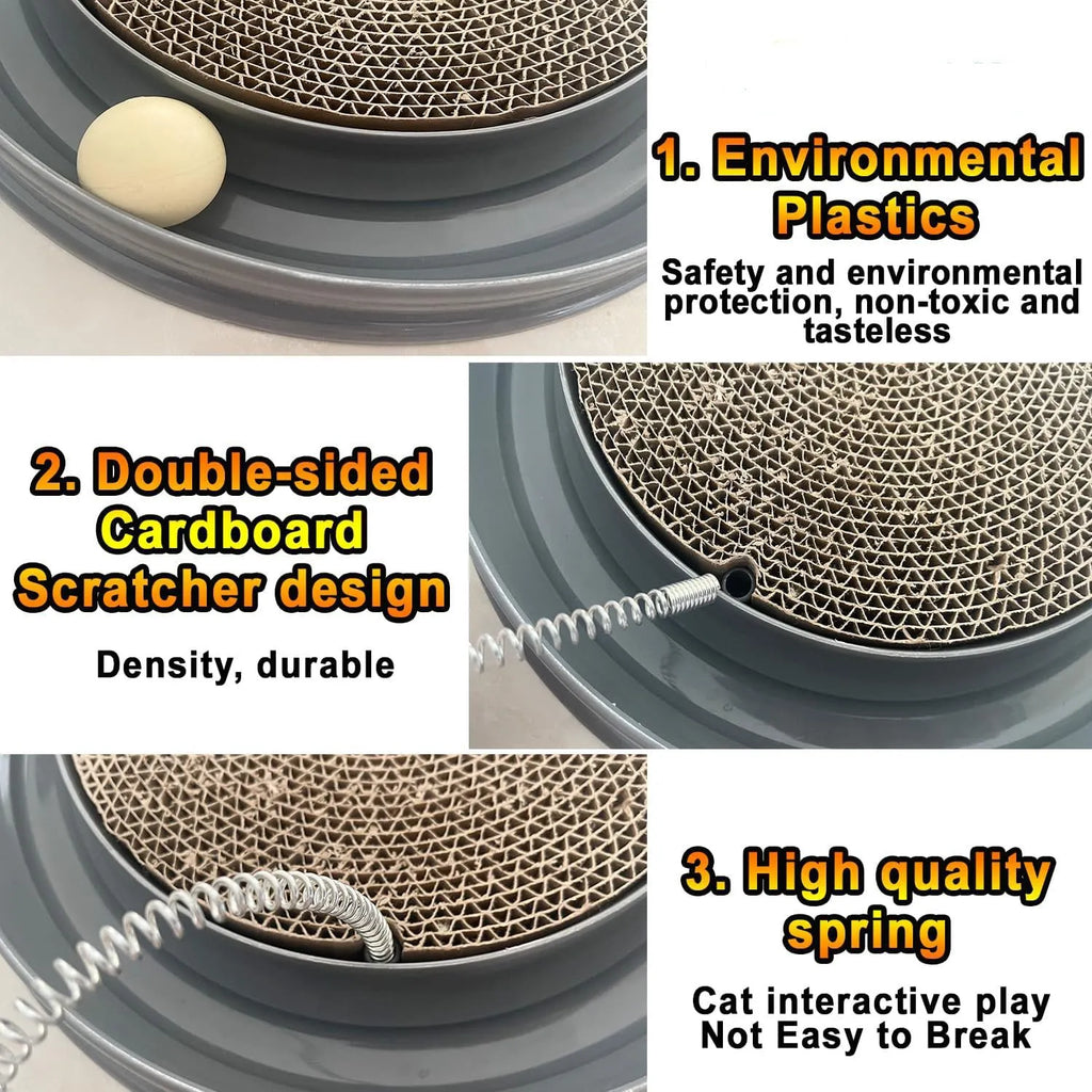 Circular blue cat scratcher with ball track and replaceable centre pad for furniture protection