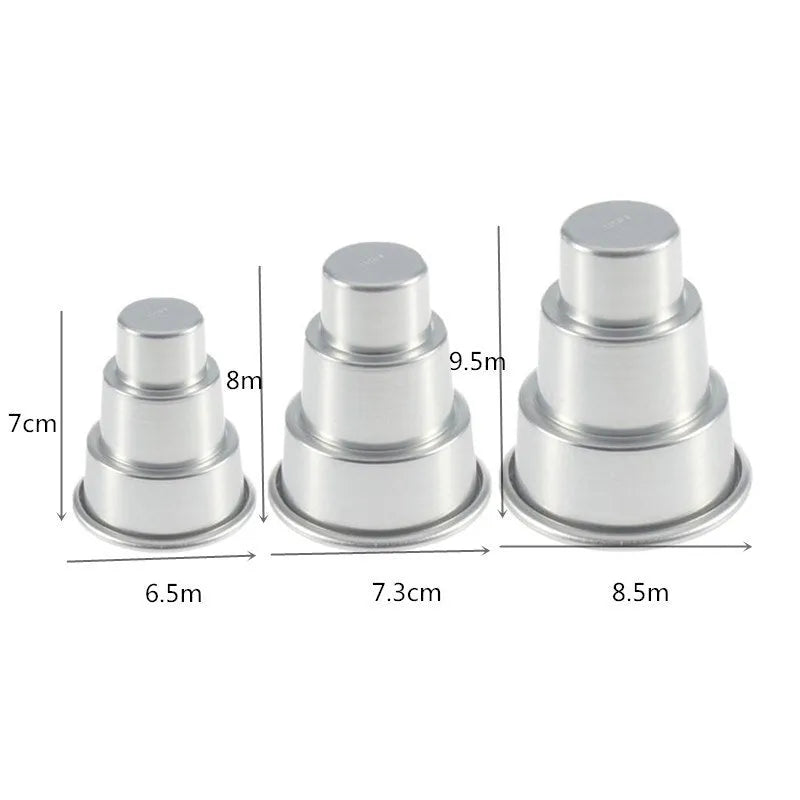 Three aluminium alloy cake moulds in silver finish showing large, medium and small sizes for baking