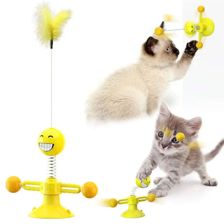 Cat rotating windmill toy with suction base and two transparent bins on blades