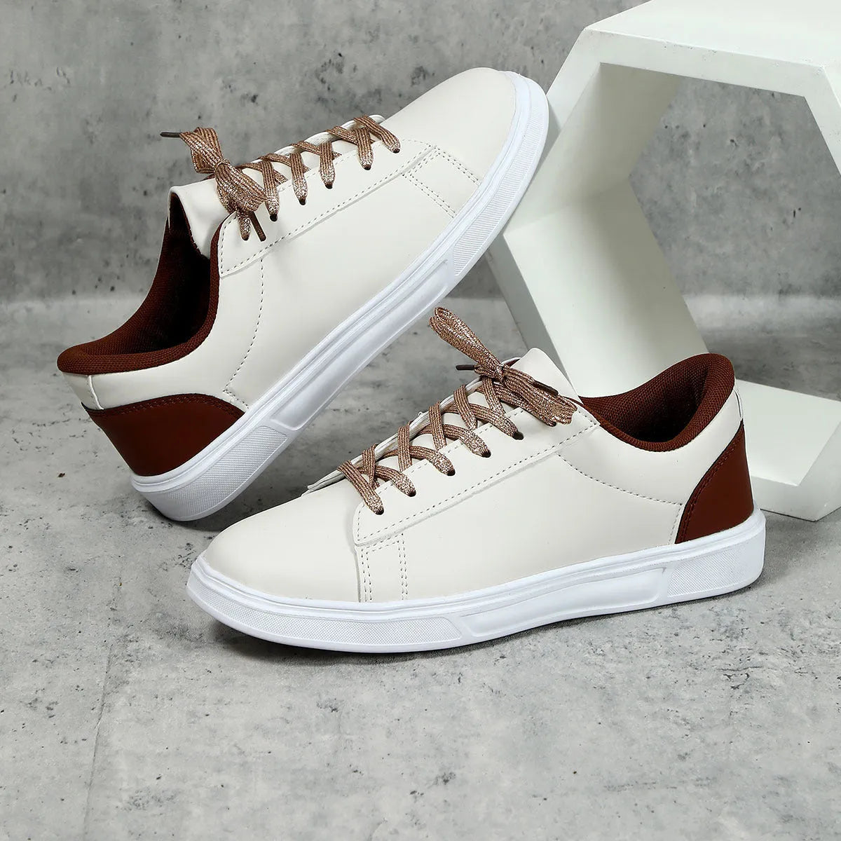 Platform skateboard casual sneakers in beige brown with round toe and cross belt detail