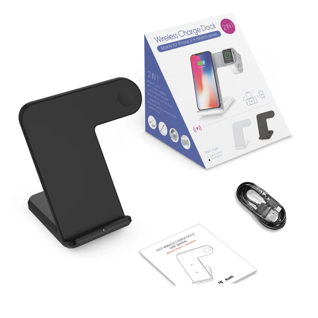 Black wireless phone charging stand with adjustable angle and integrated USB-C cable on a desk