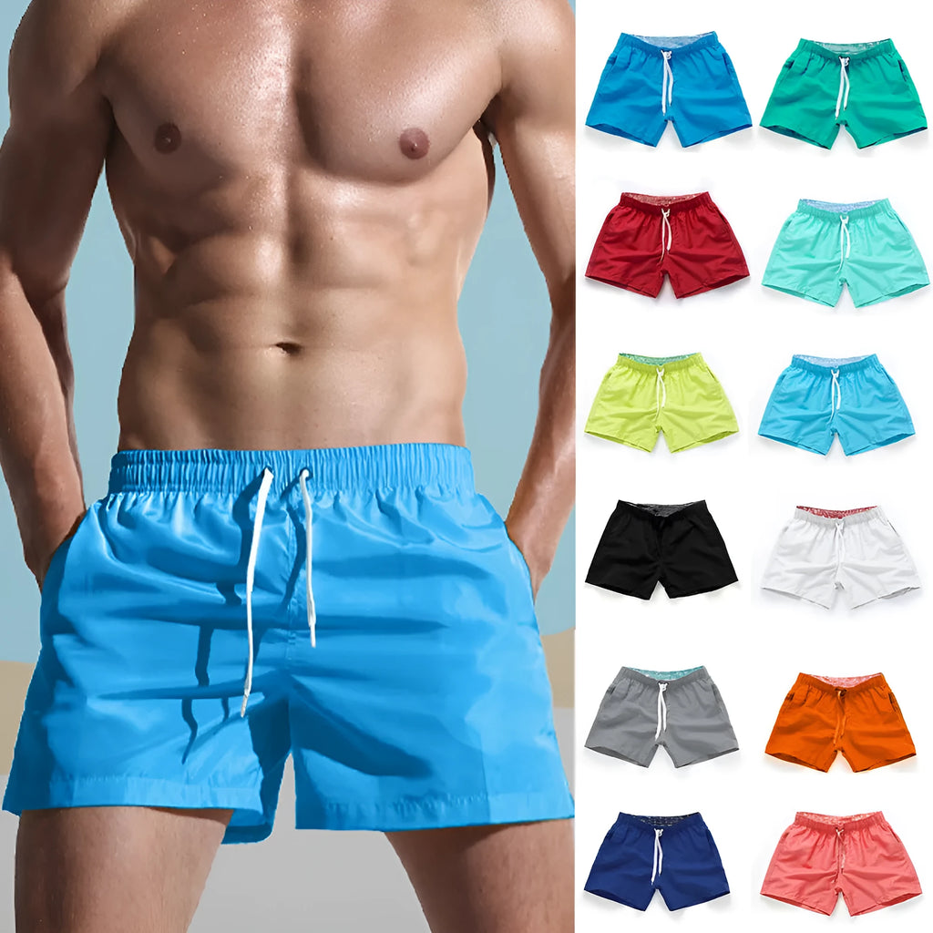 Men's straight-leg beach shorts in polyester, shown in a colour from the range including fluorescent yellow, black, or navy.