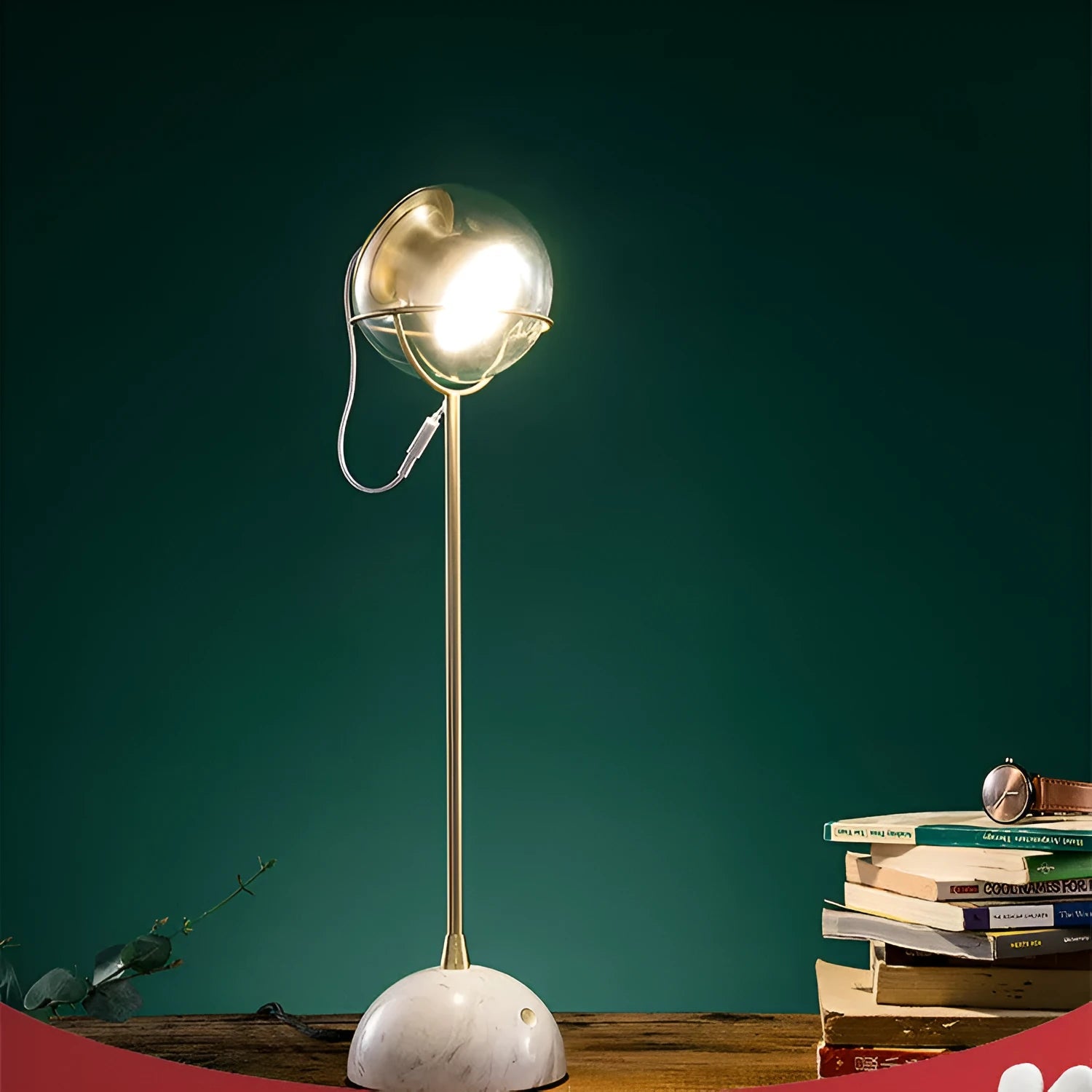 Glass desk lamp with dimmable LED light and touch switch control on wooden surface