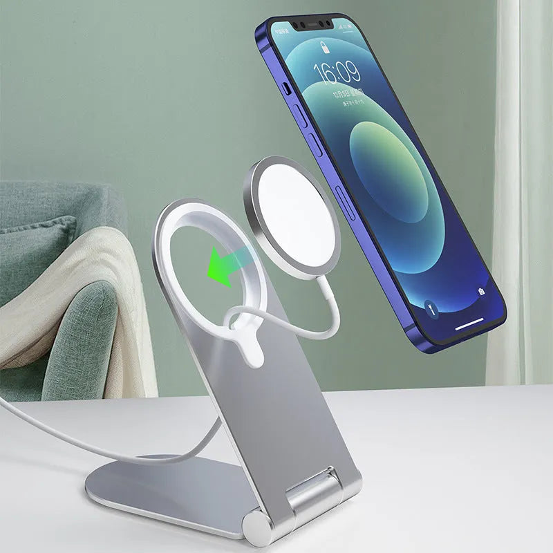 Silver vertical adjustable magnetic phone bracket for iPhone 12 measuring 105x110mm