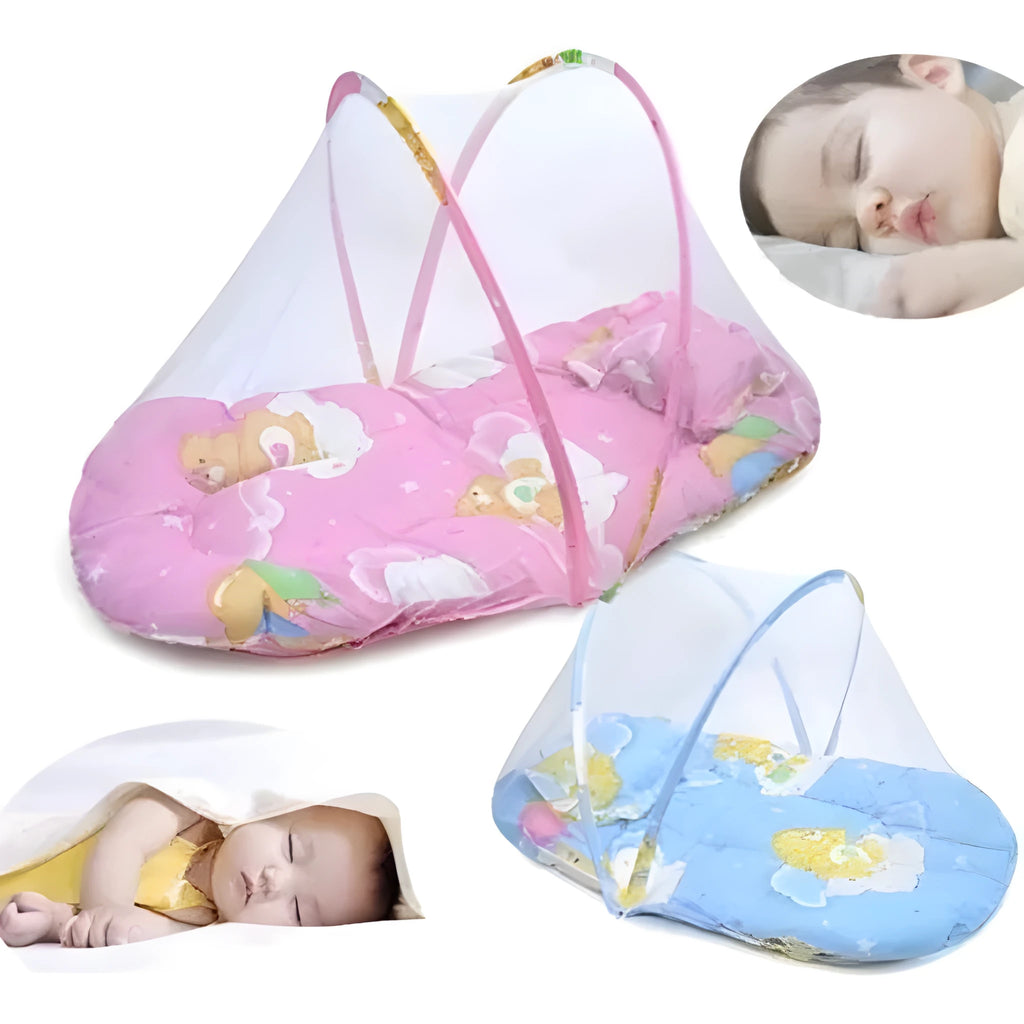 Portable foldable baby mosquito net tent with sleeping cushion, 54x44cm, stainless steel frame, available in blue and pink