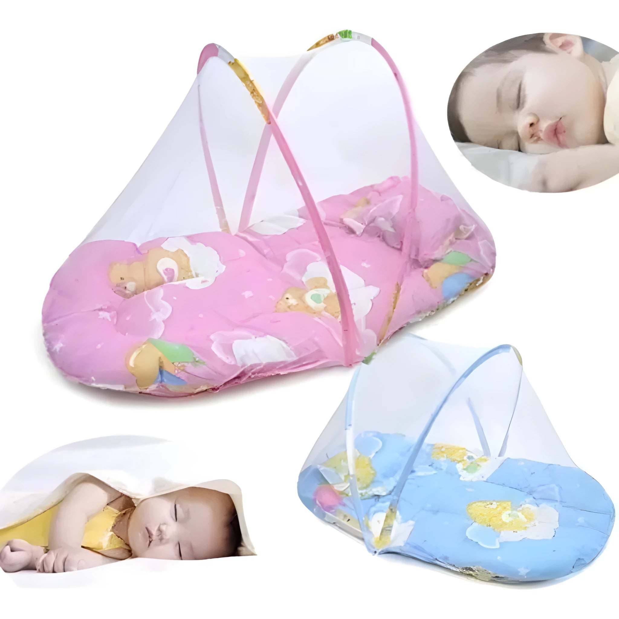 Portable foldable baby mosquito net tent with sleeping cushion, 54x44cm, stainless steel frame, available in blue and pink