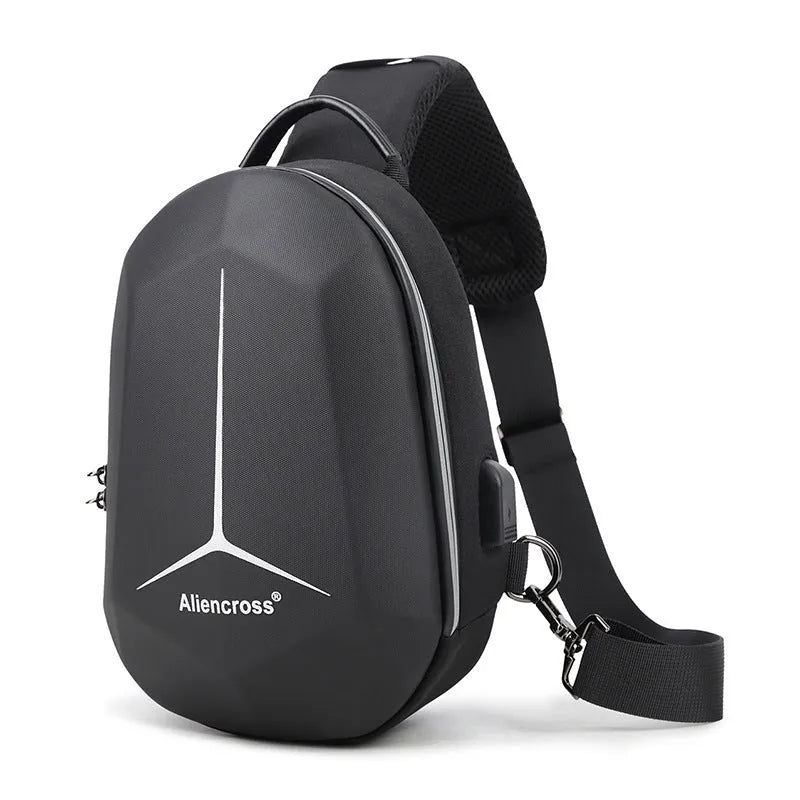 Waterproof Oxford cloth chest bag in black, shown with dimensions of 20cm by 10cm by 30cm.
