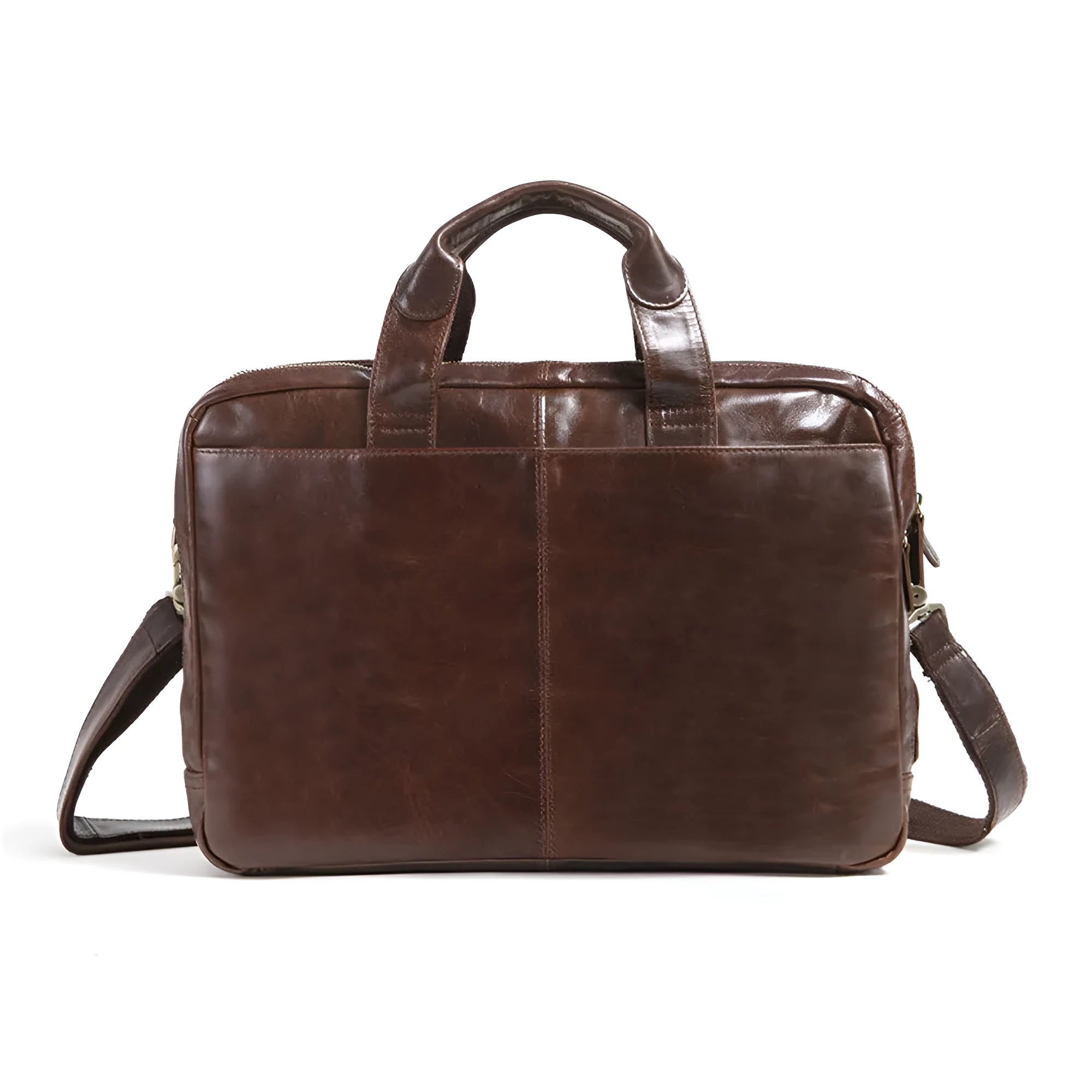 Brown leather men's business briefcase with 18-inch dimensions and polyester cotton lining