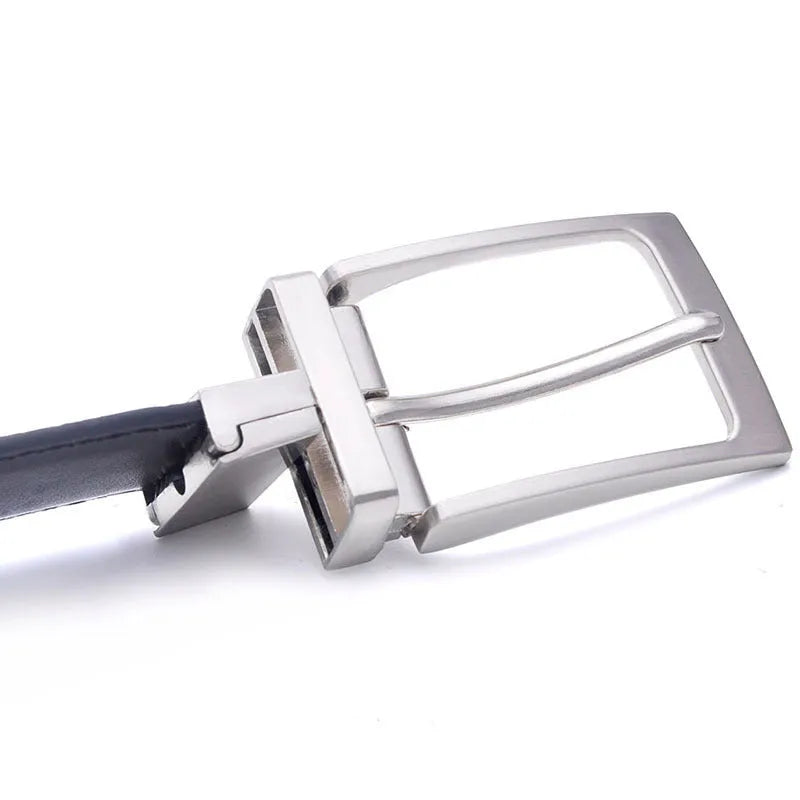 Men's brown and black genuine leather belt with a silver rotating pin buckle, shown on a flat surface.