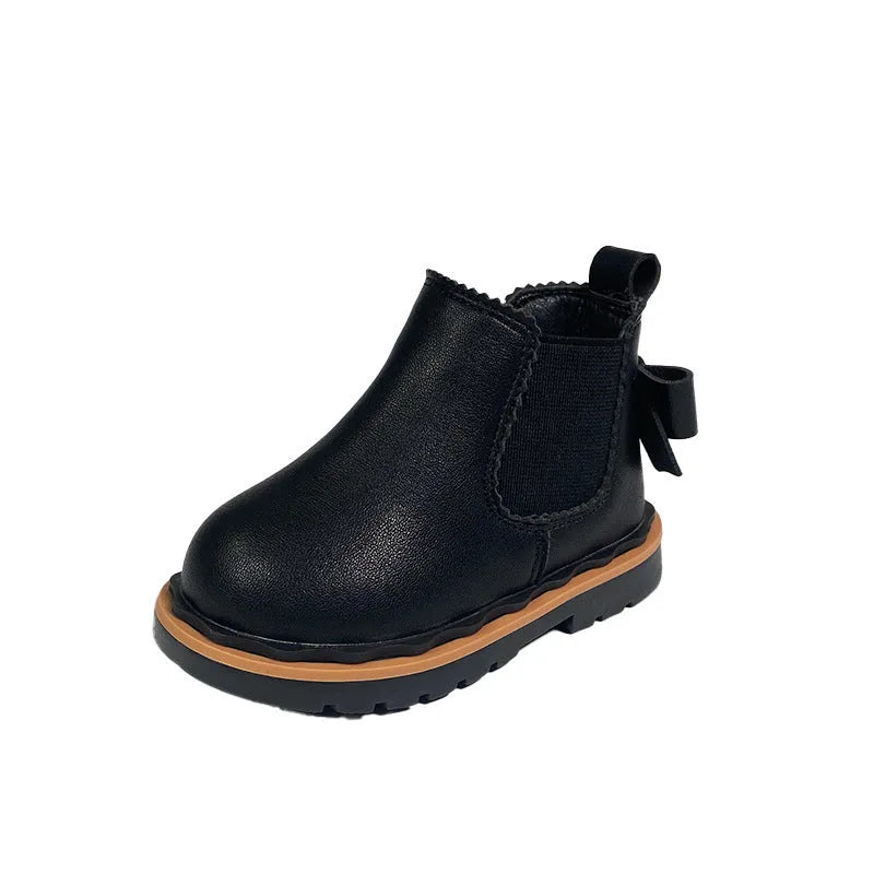 Girls Bowknot Smoke Tube Martin Boots in black with side zipper and bowknot detail