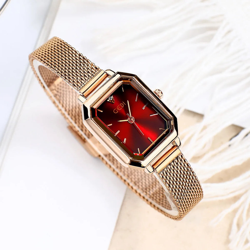 Women's square retro casual watch with rose gold case and coloured silicone strap options.