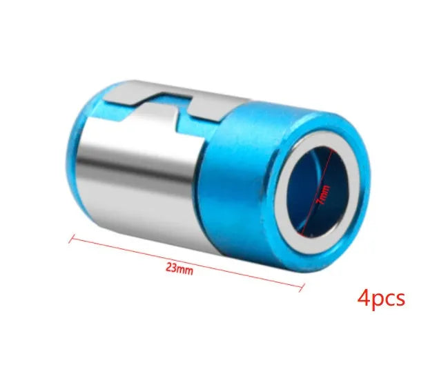 Light blue magnetic screwdriver bit for slotted screws on a plain background.