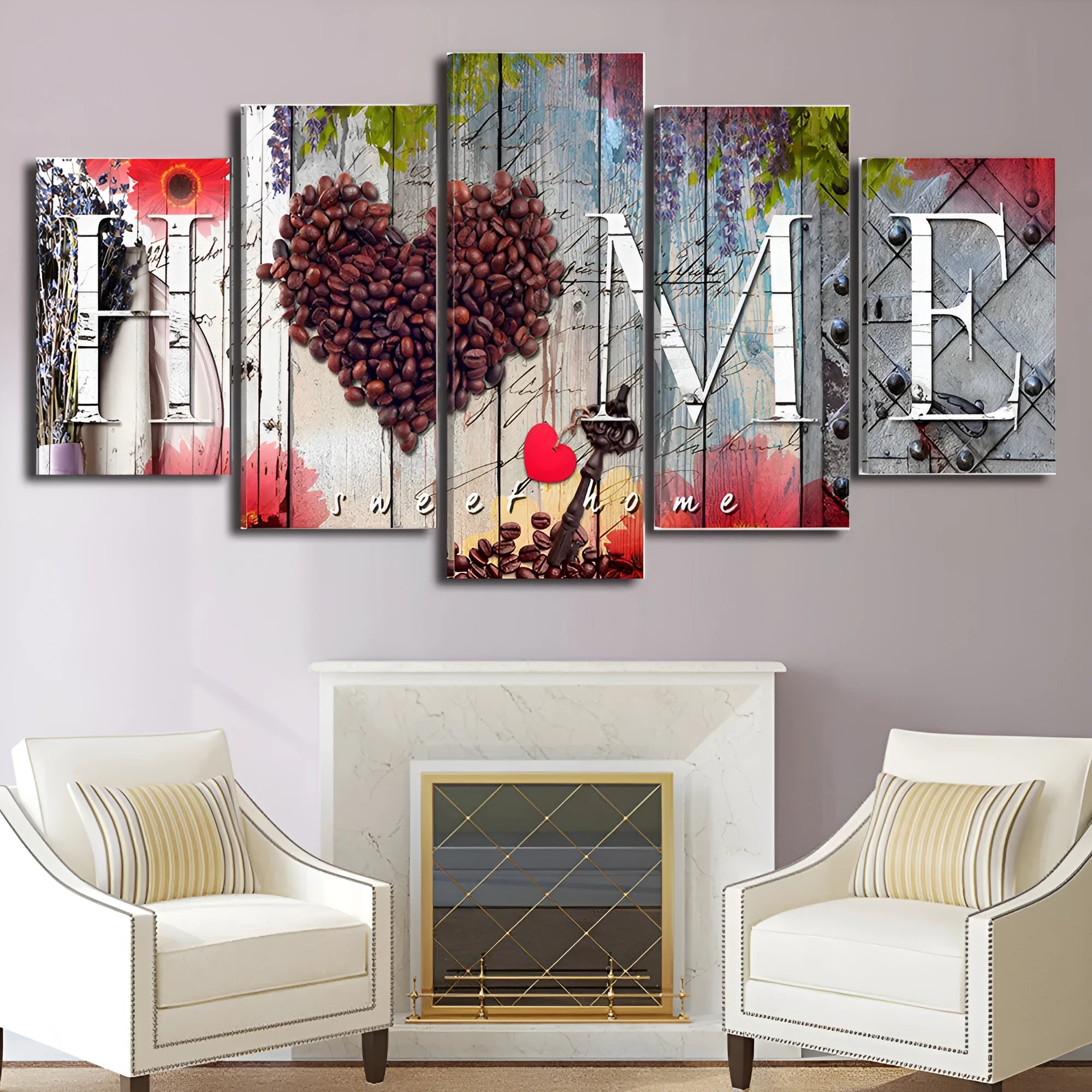 Set of five red-themed unframed canvas art prints from the Home Sweet Home decoration board collection.