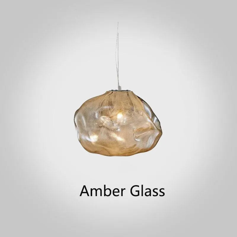 Modern fabric-style glass LED chandelier with clear, amber, or smoke grey shade, shown in small and large sizes.