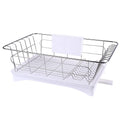 Stainless steel dish drying rack with cutlery holder and drain board on kitchen counter, black and white option, 42x28x15.5cm