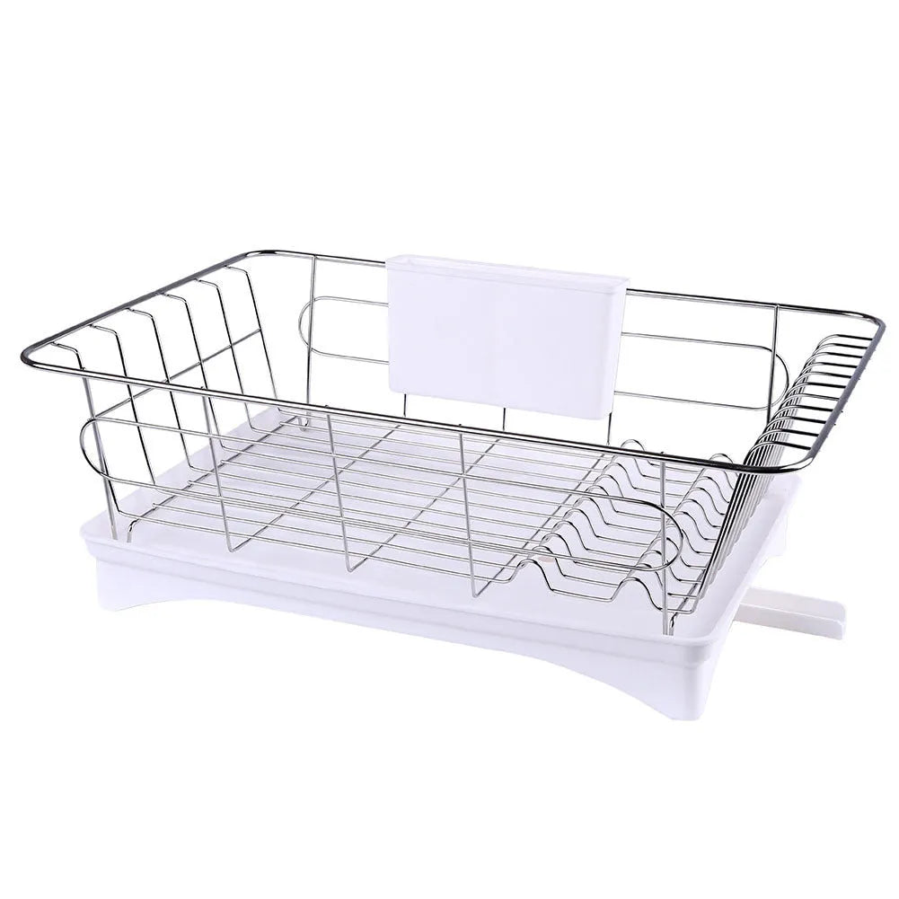 Stainless steel dish drying rack with cutlery holder and drain board on kitchen counter, black and white option, 42x28x15.5cm