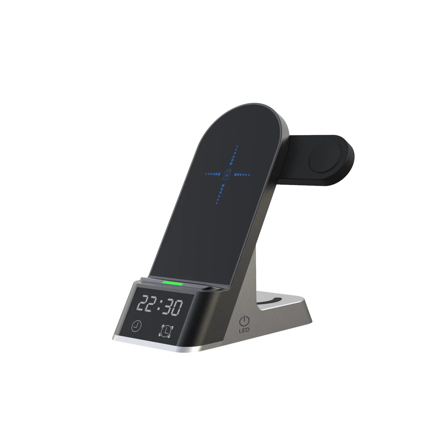 Black multifunctional alarm clock wireless charger showing digital display and charging pads for phone, watch, and earbuds