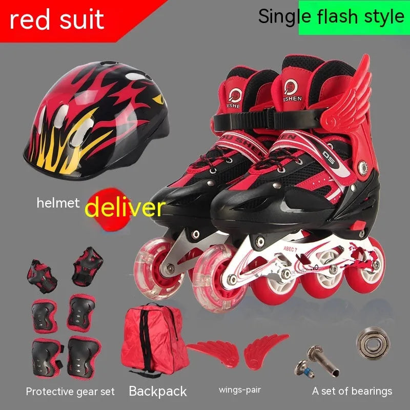 Children's adjustable roller skates with aluminium frame and protective gear including helmet, pads, and backpack