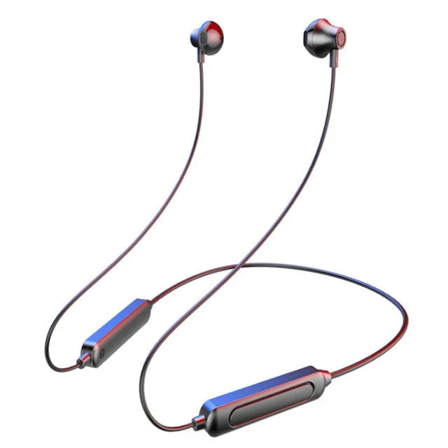 Black neck-mounted wireless Bluetooth sports earphones with custom logo printing option