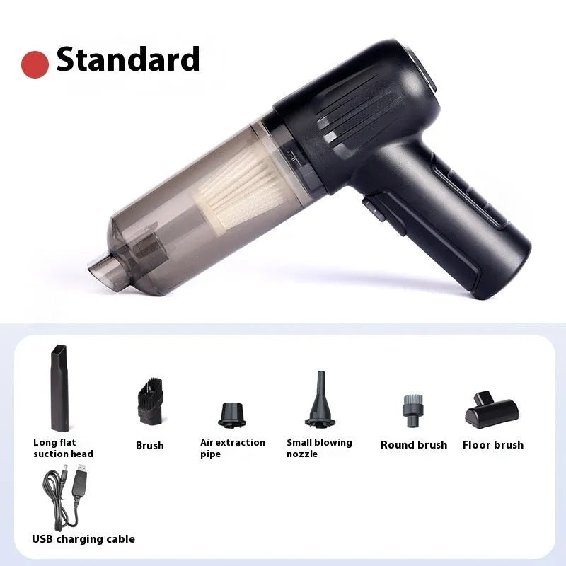 Handheld cordless pet hair vacuum cleaner with attachments on a grey sofa.