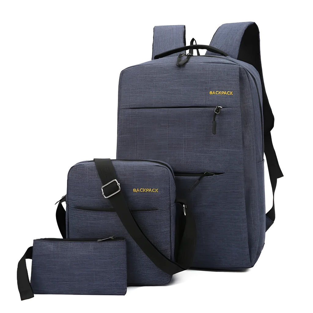 Men's USB charging three-piece nylon computer bag set in black, showing compartments and shoulder straps.