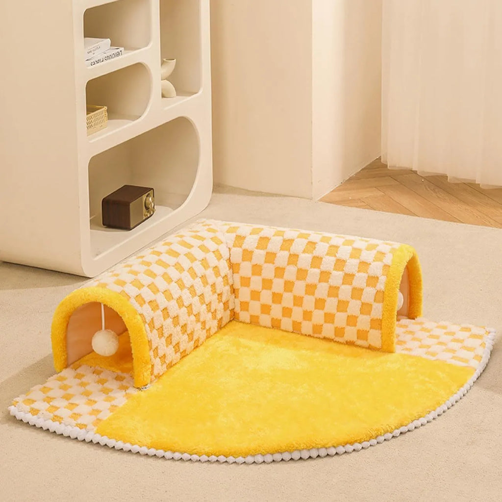 Large XL fan-shaped plush pet bed with integrated play tunnel in coffee colour, showing anti-slip base.
