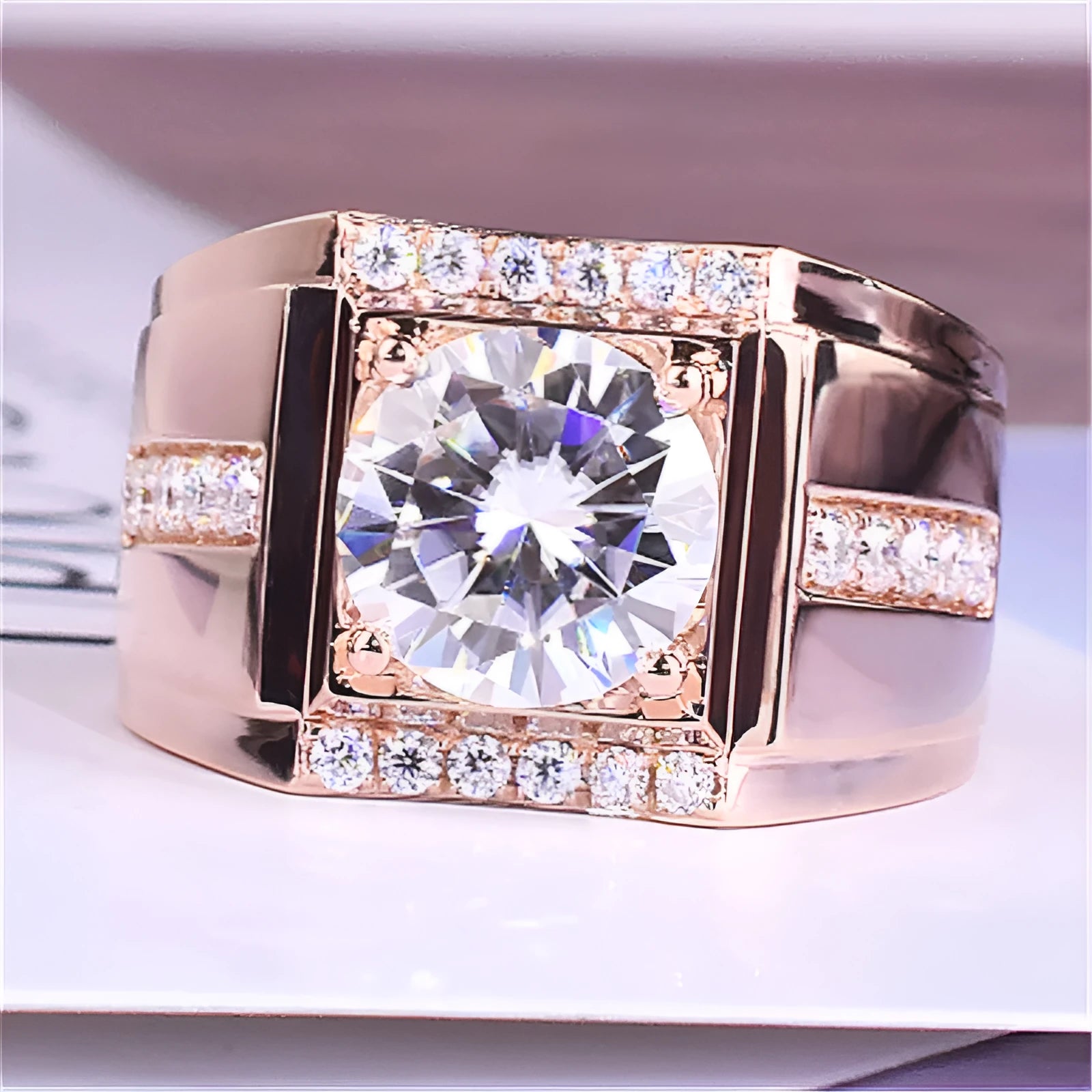 Men's geometric imitation moissanite ring with an adjustable open mouth band in a rose gold finish.