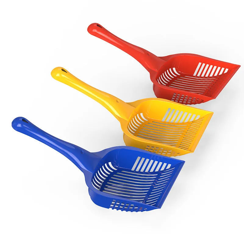 PP plastic cat litter scoop in red, yellow or blue colours showing small and medium size options