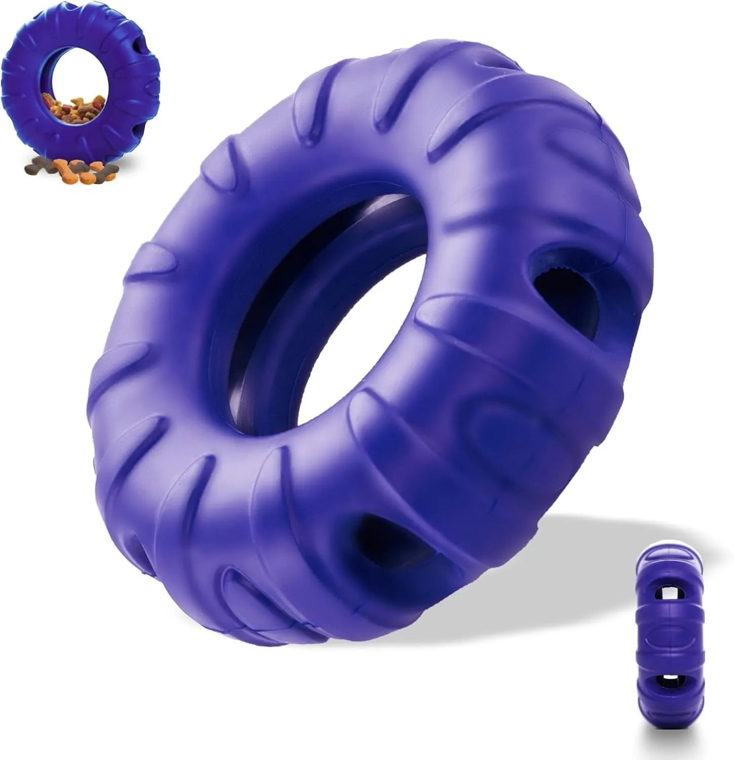 Blue rubber tire-shaped dog chew toy with oval openings for treat dispensing on a white background.