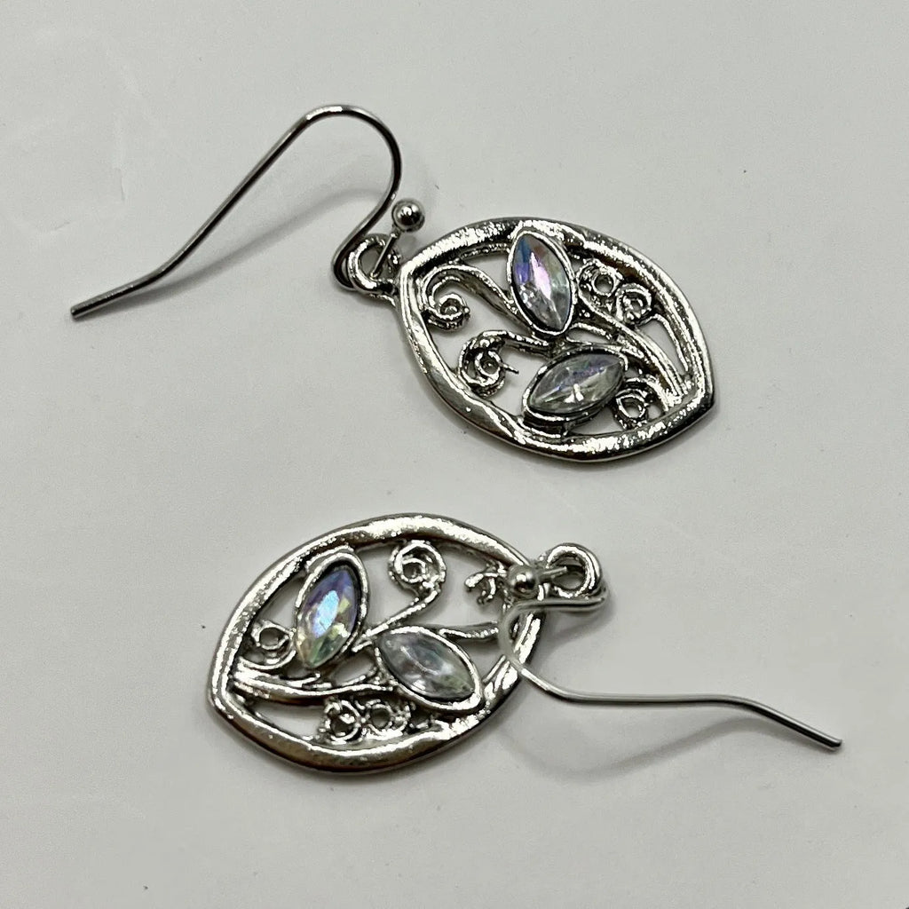 Silver-toned leaf-shaped earrings with embedded colourful moonstones for women