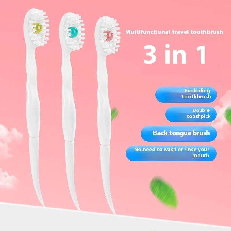 Box of disposable bead toothbrushes in flavours of mint, peach, and plum green tea for travel.