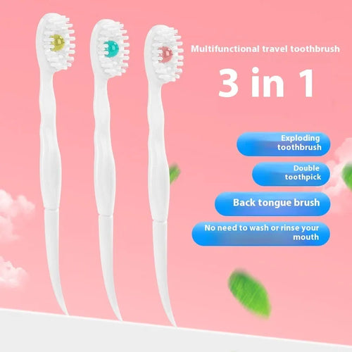 Box of disposable bead toothbrushes in flavours of mint, peach, and plum green tea for travel.