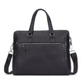 Black genuine leather men's briefcase with embossed weave pattern, horizontal shape, and soft handle for 14-inch laptop
